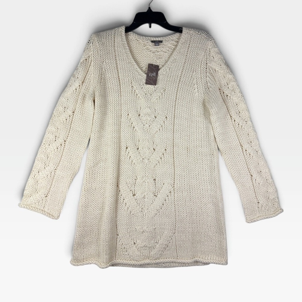 J. Jill Cable Knit Tunic Sweater Womens Small Cream Wool Alpaca V-Neck NWT